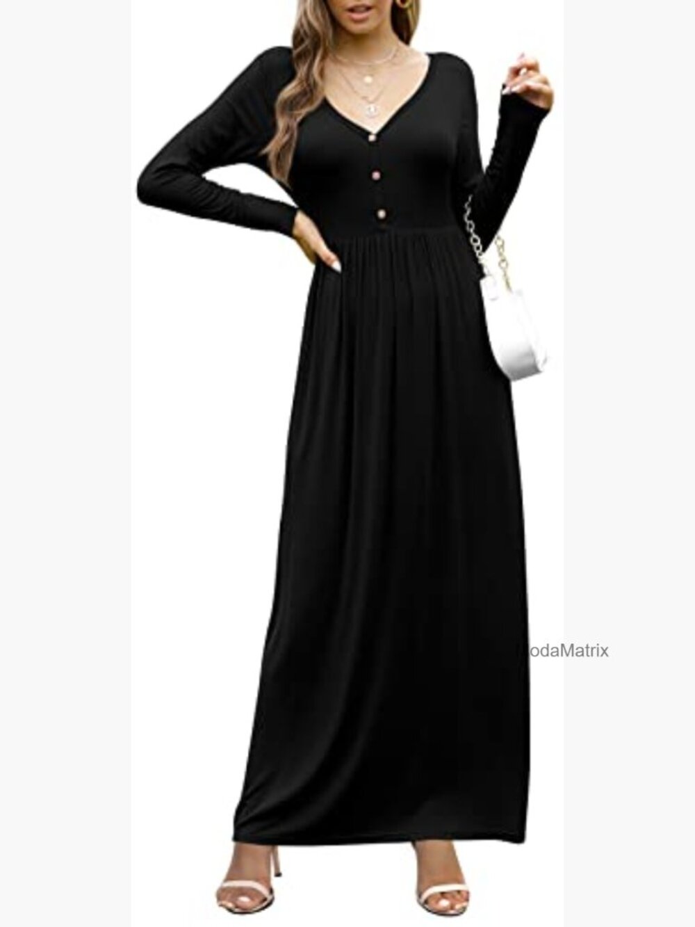 Long Sleeve V Neck Maxi Dress with Pockets - Picture 2 of 7